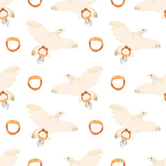 White doves, vintage style engagement and wedding rings. Love mail. Watercolor seamless pattern for textiles and wedding wrapping paper. Decor for wedding 2025