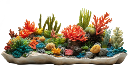 Colorful underwater coral reef with various marine plants and rocks.