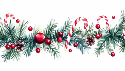 Watercolor Christmas garland with pine branches, berries, candy canes, and ornaments.