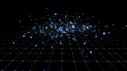 A digital representation of scattered blue particles on a grid, suggesting depth and space.