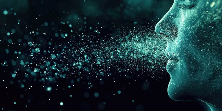 A graphic showing airborne virus particles being expelled during a sneeze or cough.