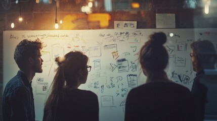 A group of coworkers brainstorming around a whiteboard filled with sketches and mind maps, generating ideas.