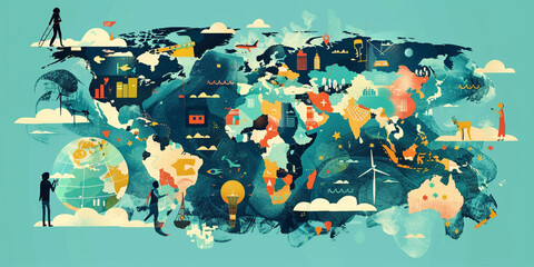 Illustrated world map with landmarks and cultural elements in a whimsical art style.

