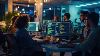 A group of developers collaborating in a modern tech office, coding and testing software on various devices.