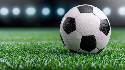 Fototapeta premium Soccer Ball on Grass Stadium Lights Night Game Sports Photography