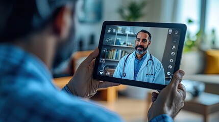 An image depicting the concept of online medicine or telemedicine, showcasing a patient using a video call on a digital device to consult with a doctor for medical advice and support