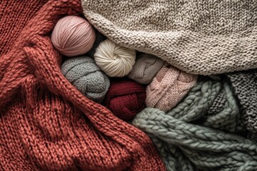 Assorted Knitted Fabrics and Yarn Balls Displayed Together