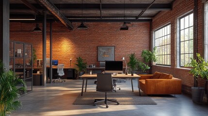 an industrial warehouse converted into a trendy small business office with exposed beams and creative decor.