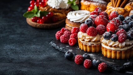 Delicious berry desserts on a dark surface for a sweet delight