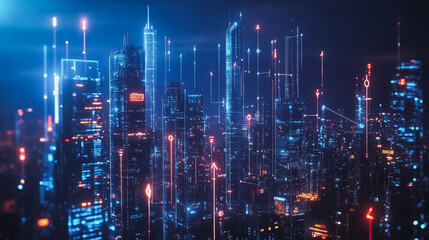 Obraz premium Smart digital Innovation city with connection network reciprocity over the cityscape. of future smart wireless digital city and social media networking systems that connects people with in city