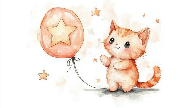 Kawaii cute and adorable little watercolor style cat holding a star-shaped balloon, isolated on a white background. A playful and charming illustration of a joyful feline with a whimsical design.