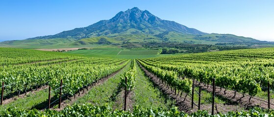 Fototapeta premium Majestic Mountain Vineyard Panorama Lush Grapevines Rolling Hills Scenic Landscape