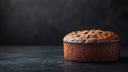 Freshly baked chocolate chip cake on a dark surface