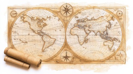 Vintage World Map  Antique Geography  Exploration  Travel  Nautical Chart  Compass Rose  O