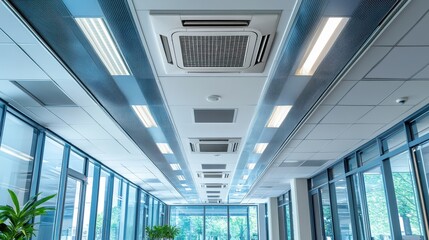 Modern office hallway ceiling with air conditioning units and linear lights. Ideal for commercial, HVAC, or interior design projects showcasing efficient climate control.