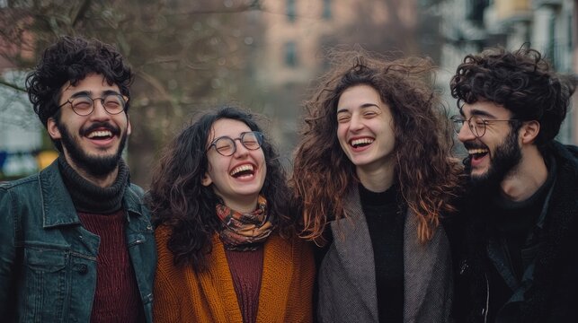 A group of four friends standing together, laughing and enjoying their time, representing a fantastic friendship