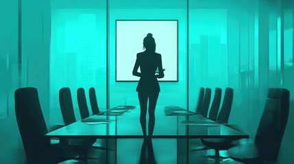 A professional businesswoman in an office environment, emphasizing productivity, company success.