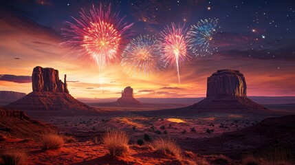 Monument Valley Fireworks: A breathtaking panorama of Monument Valley at sunset, ablaze with vibrant fireworks, creating a magical and unforgettable spectacle.
