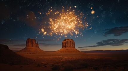 Monument Valley Fireworks: A breathtaking panorama of Monument Valley bathed in the vibrant glow of fireworks, creating a celestial spectacle against the backdrop of the iconic rock formations.