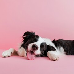 Happy Border Collie Dog Pink Background