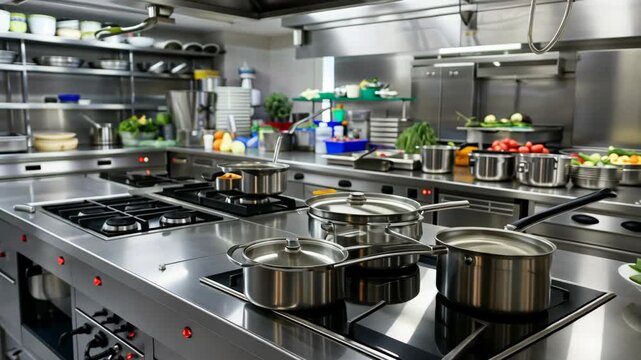 Modern professional kitchen with stainless steel counters, cookware, and fresh vegetables, representing food preparation and culinary expertise.