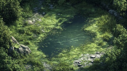 Aerial view of marshy water terrain with murky algae-filled water, seamlessly blending edges in a Photoshop pattern format, creating a natural, textured surface for use in various design applications.