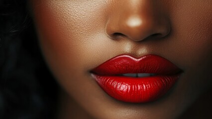Obraz premium Close up of a woman with striking red lips and smooth skin