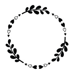 Heart-Themed Circular Frame with Bold Foliage, Black and White Botanical Logo Illustration