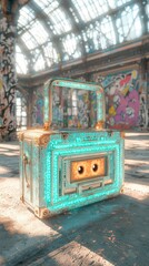 Retro Boombox Cassette Player in Grungy Graffiti Room