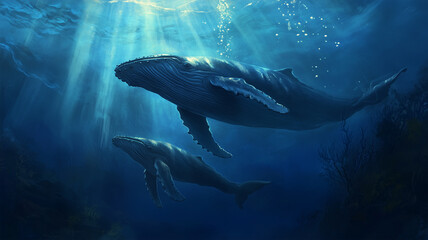 Fototapeta premium 親子のザトウクジラが泳ぐ海中風景