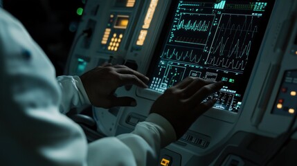 Naklejka premium Technician Operating a Medical Device With Digital Graphs on Screen