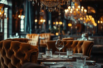 Elegant Restaurant Interior with Chandeliers and Table Setting