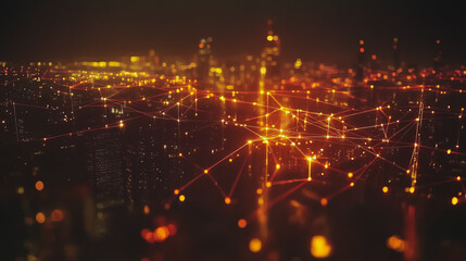 Obraz premium Smart digital Innovation city with connection network reciprocity over the cityscape. of future smart wireless digital city and social media networking systems that connects people with in city