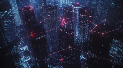 Obraz premium Smart digital Innovation city with connection network reciprocity over the cityscape. of future smart wireless digital city and social media networking systems that connects people with in city