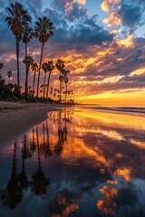 Beach with Palm Trees Reflecting