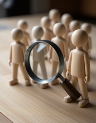 Fototapeta premium Magnifying Glass Examining Wooden Figures Group Team Selection Search
