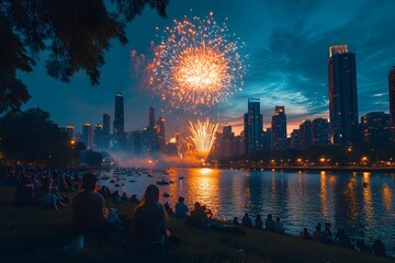 Obraz premium River flows through the city, people sitting on the grass watching New Year's fireworks. Skyscrapers backdrop, creating peaceful, celebratory atmosphere. Perfect for New Year, city tourism marketing.