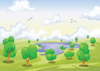 Obraz premium landscape of lake with various tree cartoon background illustration with blue sky and cloud