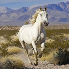 White Horse Running in Desert Landscape