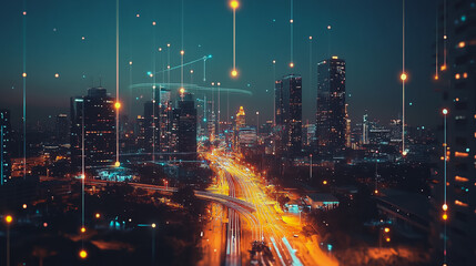 Obraz premium Smart digital Innovation city with connection network reciprocity over the cityscape. of future smart wireless digital city and social media networking systems that connects people with in city