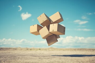 Cardboard Boxes Floating Above Desert Landscape