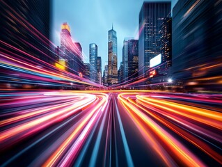 Fototapeta premium Dynamic Cityscape at Night with Motion Blur and Vibrant Light Trails Presenting a Modern Urban Environment with Beautiful Skyline and Busy Streets