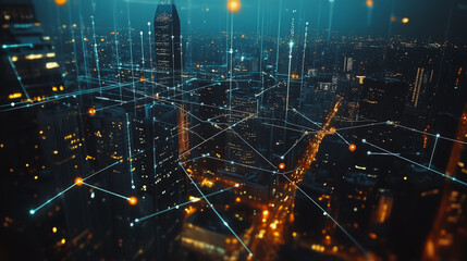 Fototapeta premium Smart digital Innovation city with connection network reciprocity over the cityscape. of future smart wireless digital city and social media networking systems that connects people with in city