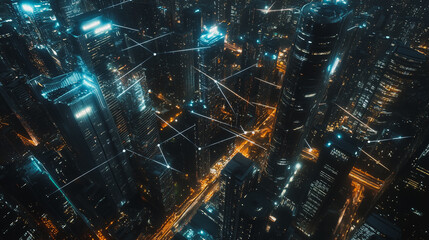 Fototapeta premium Smart digital Innovation city with connection network reciprocity over the cityscape. of future smart wireless digital city and social media networking systems that connects people with in city