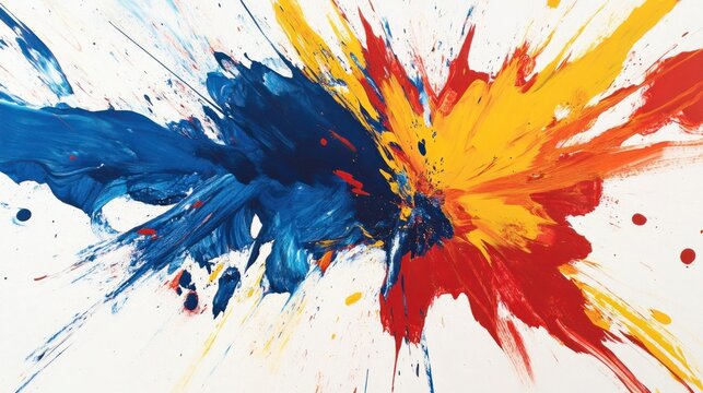 A bold explosion of paint in primary colors, creating a dynamic and abstract burst, isolated on white