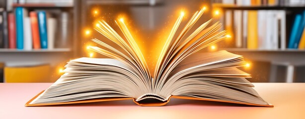 Fototapeta premium Business self-development, Open Book with Glow on Pastel Gradient Table