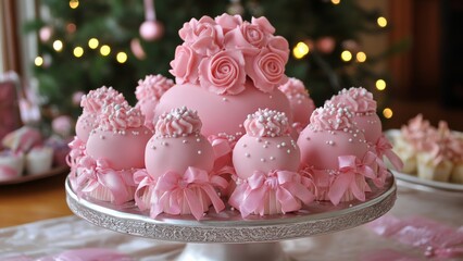 Fototapeta premium Elegant pink dessert display with roses and festive decorations