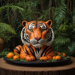 "A realistic tiger-shaped cake featuring lifelike orange and black striped fondant, intricate hand-painted details for fur texture, and piercing edible sugar eyes, set on a jungle-themed base."

