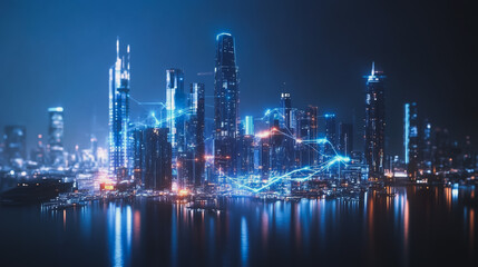 Smart digital Innovation city with connection network reciprocity over the cityscape. of future smart wireless digital city and social media networking systems that connects people with in city