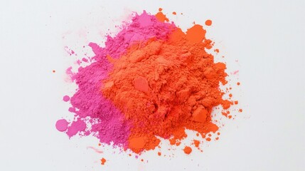 A colorful explosion of powdery pigments in bold orange and pink, radiating outward, isolated on a bright white background